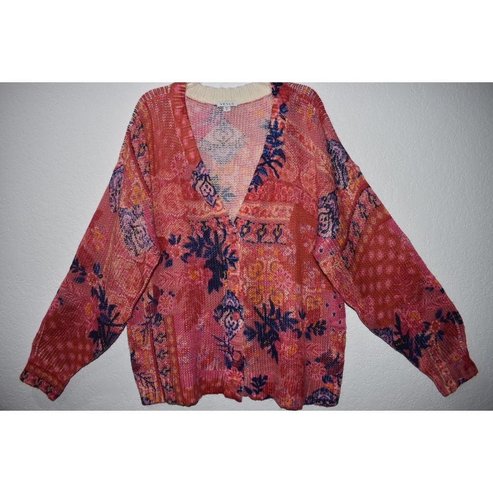 Venus Button Front Cardigan‎ XL Sweater Colorful Floral Lightweight Stretch Knit